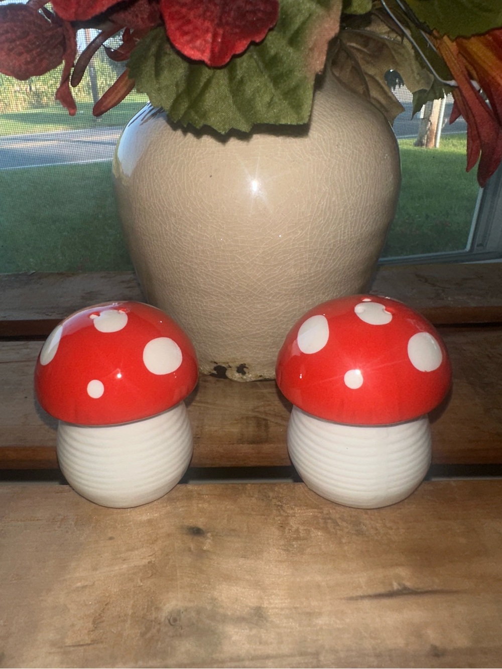Mushroom Salt and Pepper Shakers Red White Polka Dot Ceramic Set ~ New